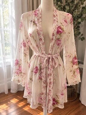 Linea Donatella Cream Floral Sheer Tie-Waist Robe with Pink Blooms